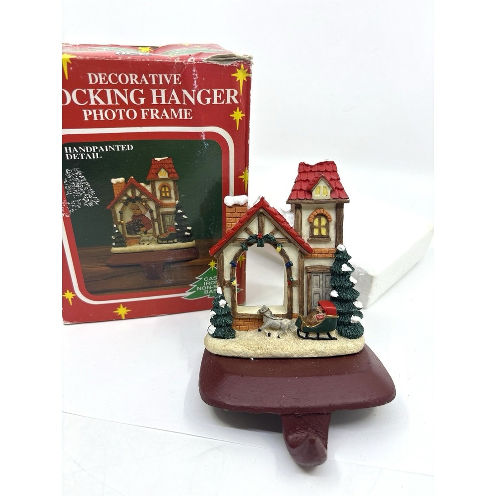 Vtg Photo Frame Christmas Cast Iron Stocking Holder Christmas House